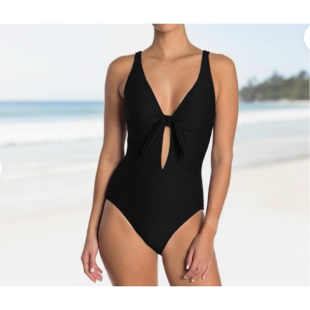 Athena NEW‎ Women's 6 Tie Front Plunge Maillot Black